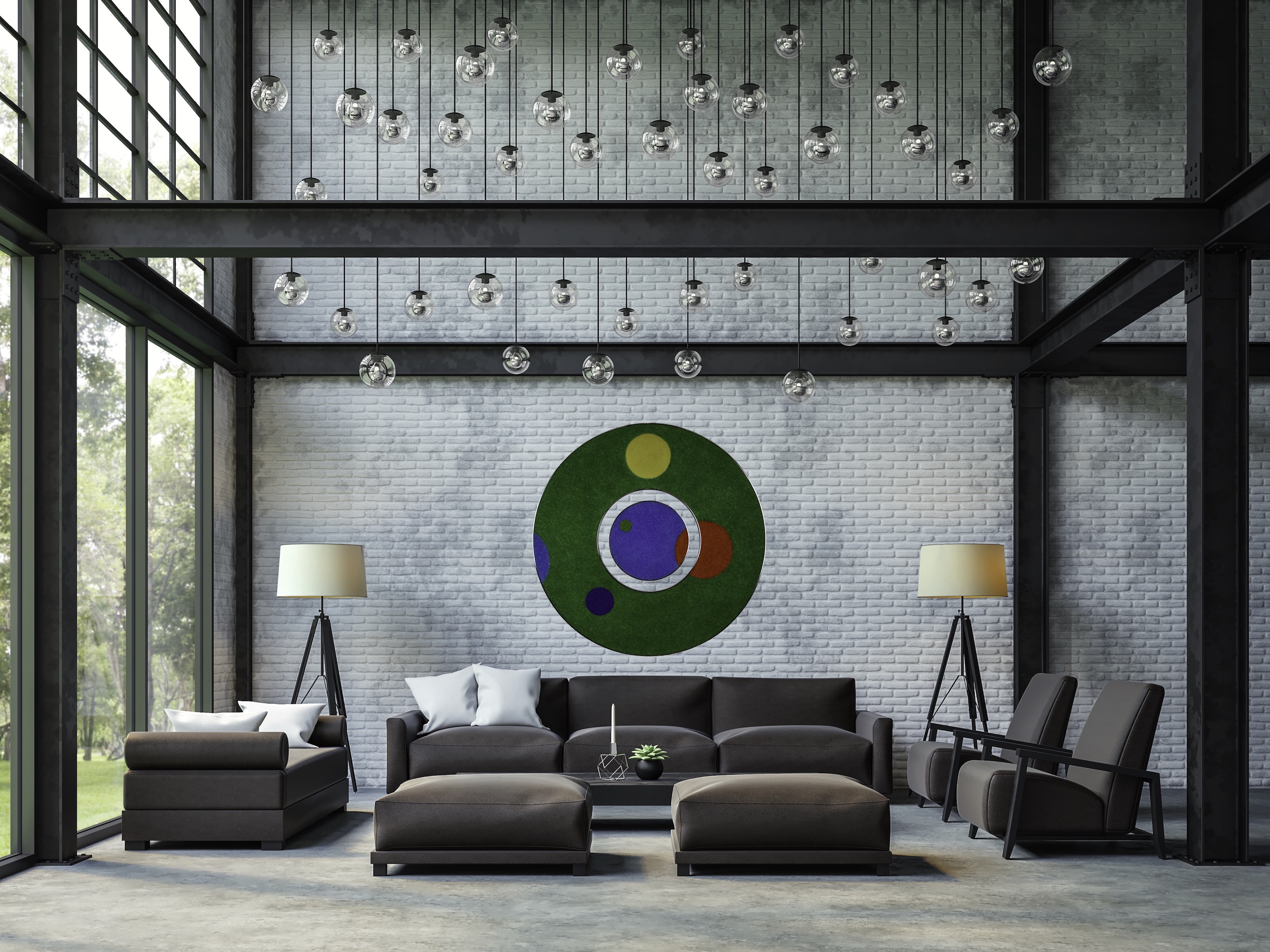 Loft style living room 3d rendering image.There are white brick wall,polished concrete floor and black steel structure.There are large windows look out to see the nature